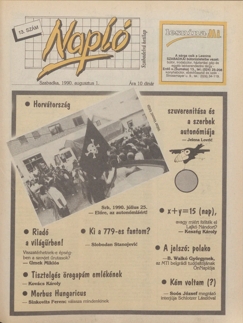 Napló - Szabadelvű hetilap, 1. évf. 1990. augusztus 1. 13. sz.