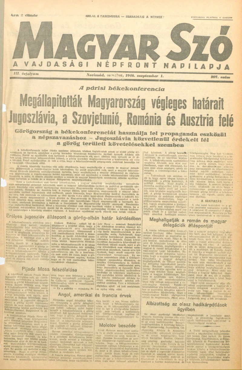 Magyar Szó, 3. évf. 1946. szeptember 1. 207. sz. 1–6. oldal