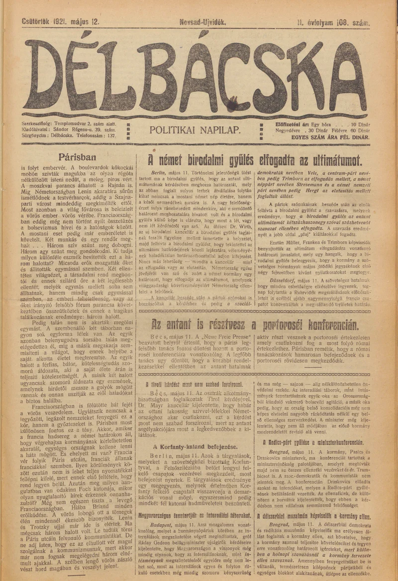 Délbácska, 2. évf. 1921. május 12. 108. sz.