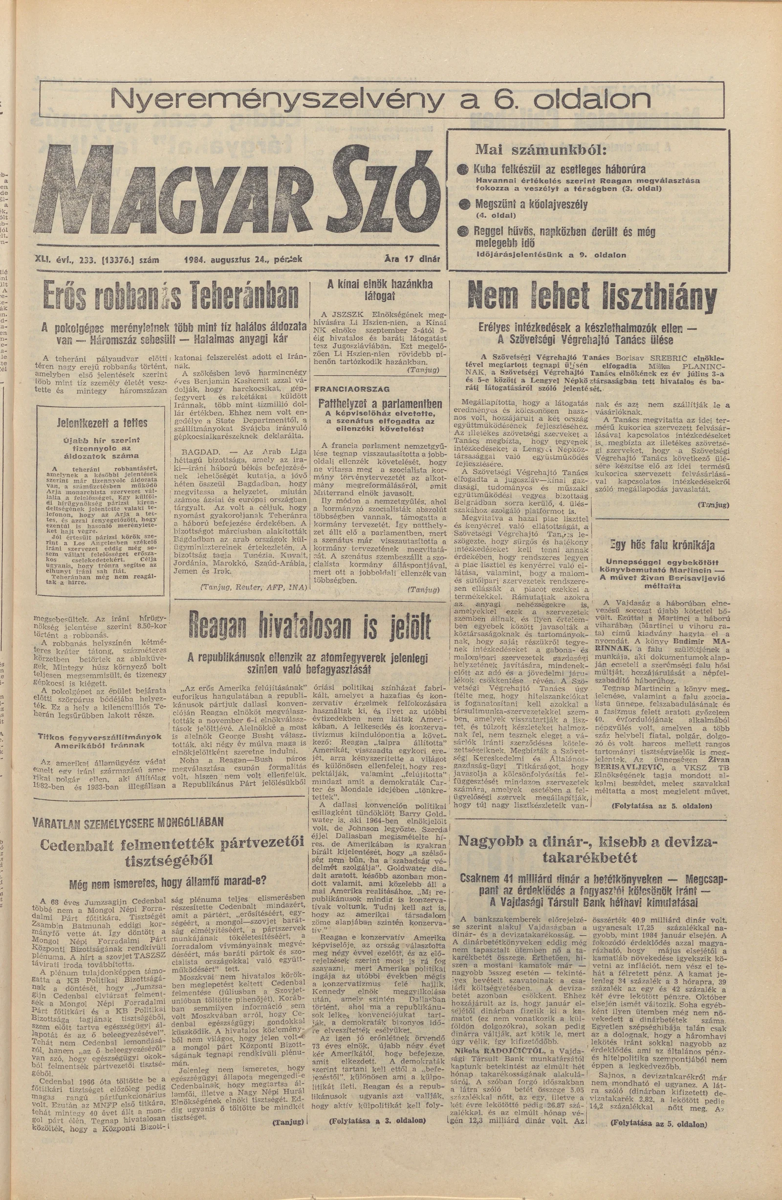 Magyar Szó, 41. évf. 1984. augusztus 24. 233. sz. 1–20. oldal