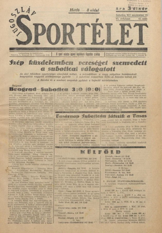 Jugoszláv sportélet, 6. évf. 1927. szeptember 19. 43. sz.