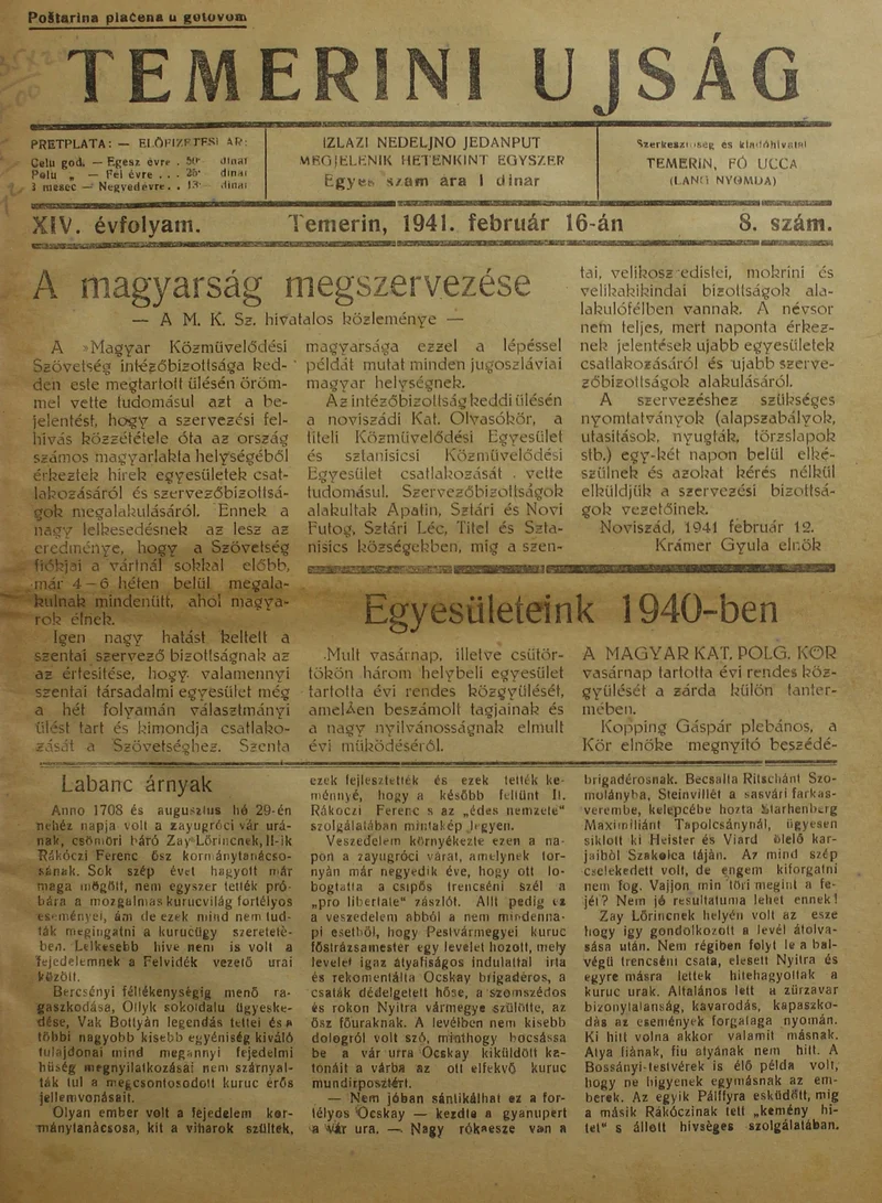Temerini Újság 1928-1944, 14. évf. 1941. február 16. 8. sz.