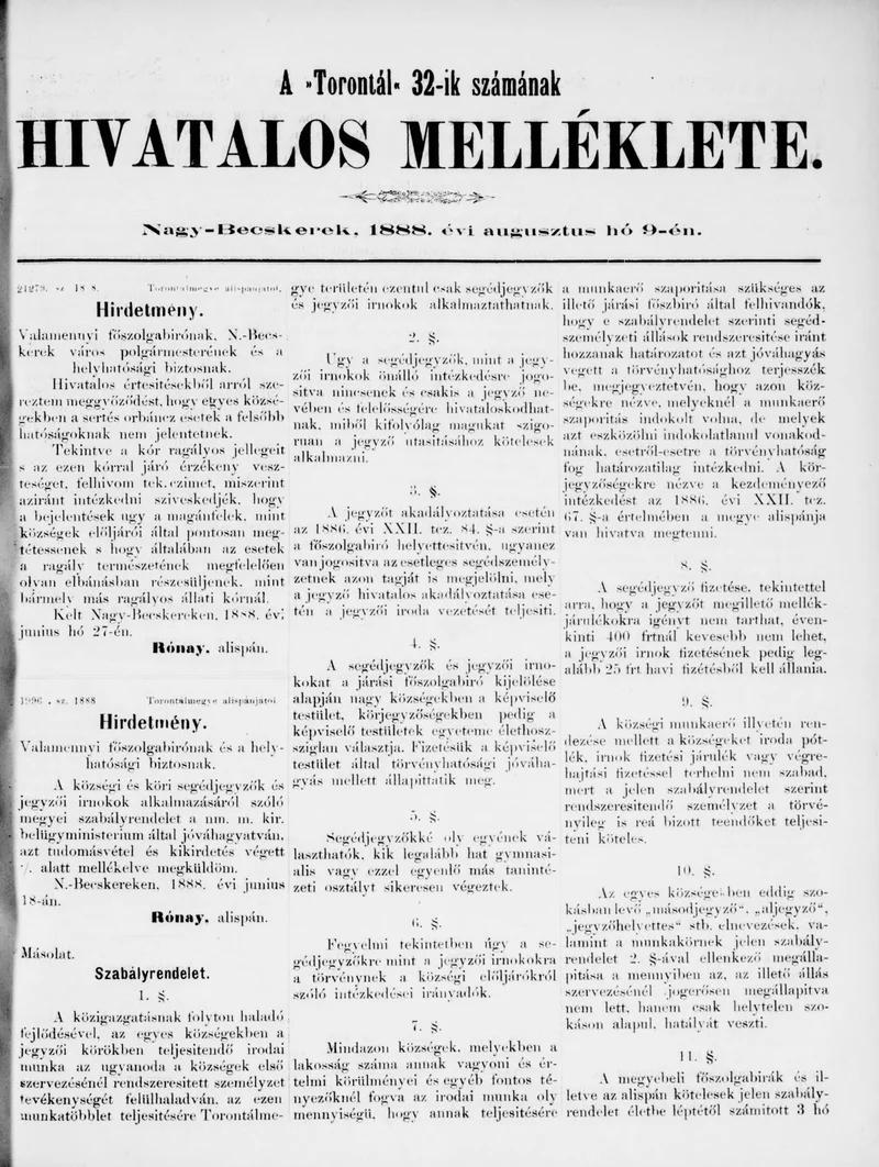 A Totontál  hivatalos melléklete, 1. évf. 1888. augusztus 9. 32. sz.