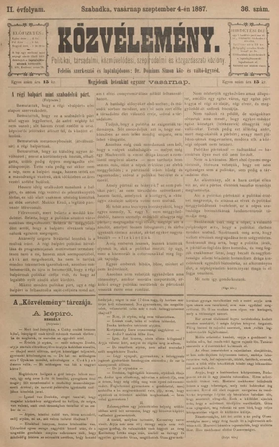 Közvélemény, 2. évf. 1887. szeptember 4. 36. sz.