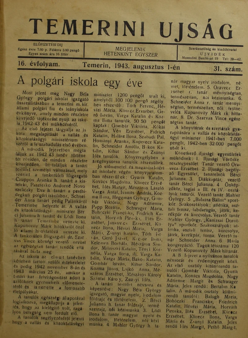 Temerini Újság 1928-1944, 16. évf. 1943. augusztus 1. 31. sz.