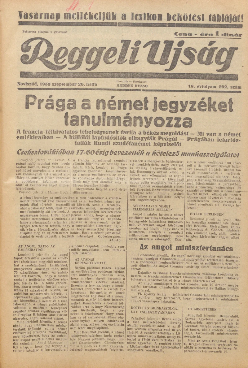 Reggeli Újság, 19. évf. 1938. szeptember 26. 262. sz.