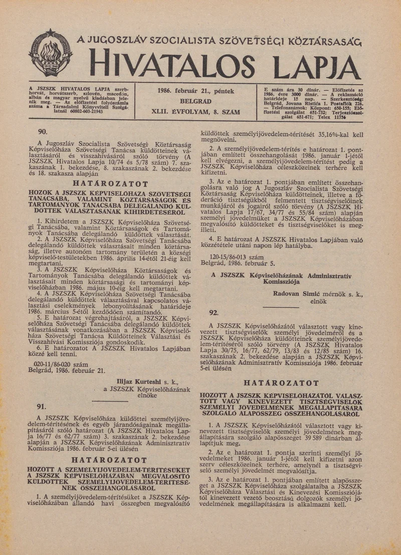 A Jugoszláv Szocialista Szövetségi Köztársaság Hivatalos Lapja, 42. évf. 1986. február 21. 8. sz. 185–200. oldal