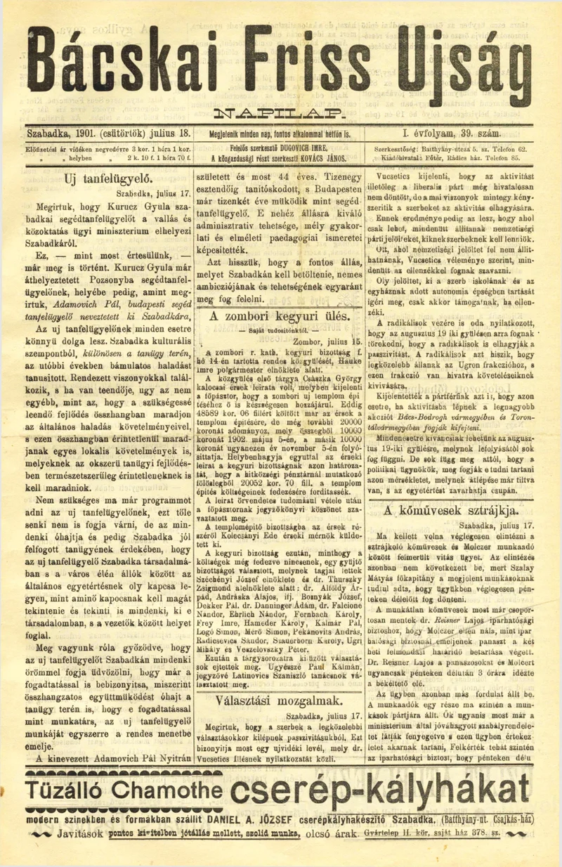 Bácskai Friss Ujság, 1. évf. 1901. július 18. 39. sz.