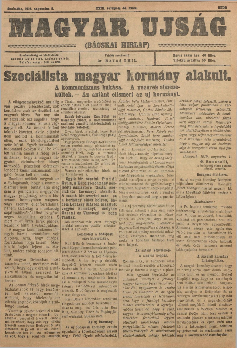 Bácskai Hirlap, 23. évf. 1919. augusztus 5. 44. sz.