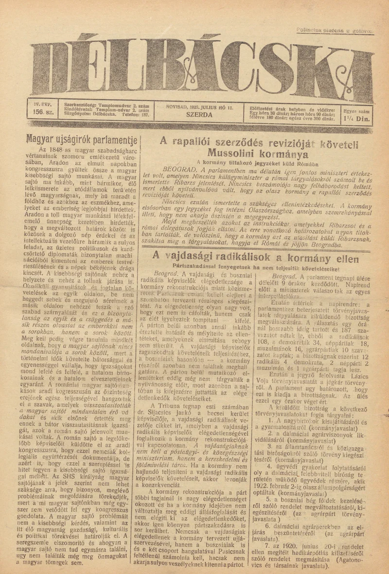 Délbácska, 4. évf. 1923. július 11. 156. sz.