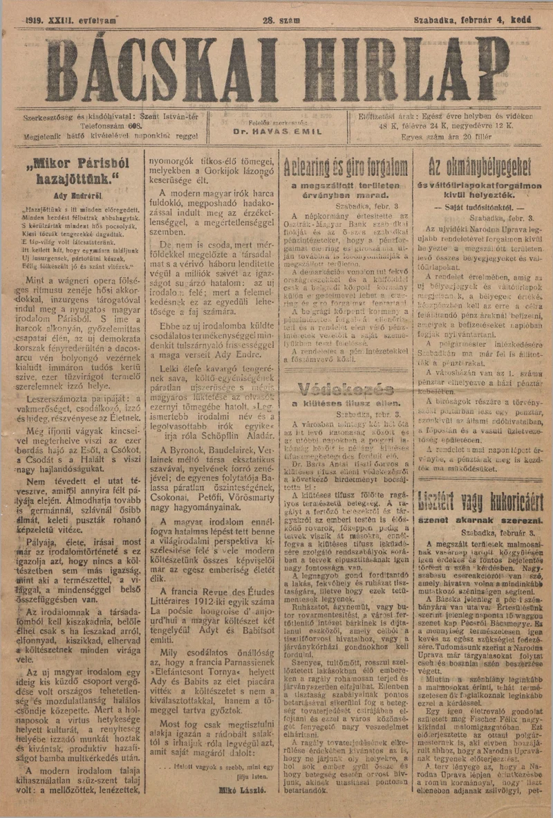 Bácskai Hirlap, 23. évf. 1919. február 4. 28. sz.