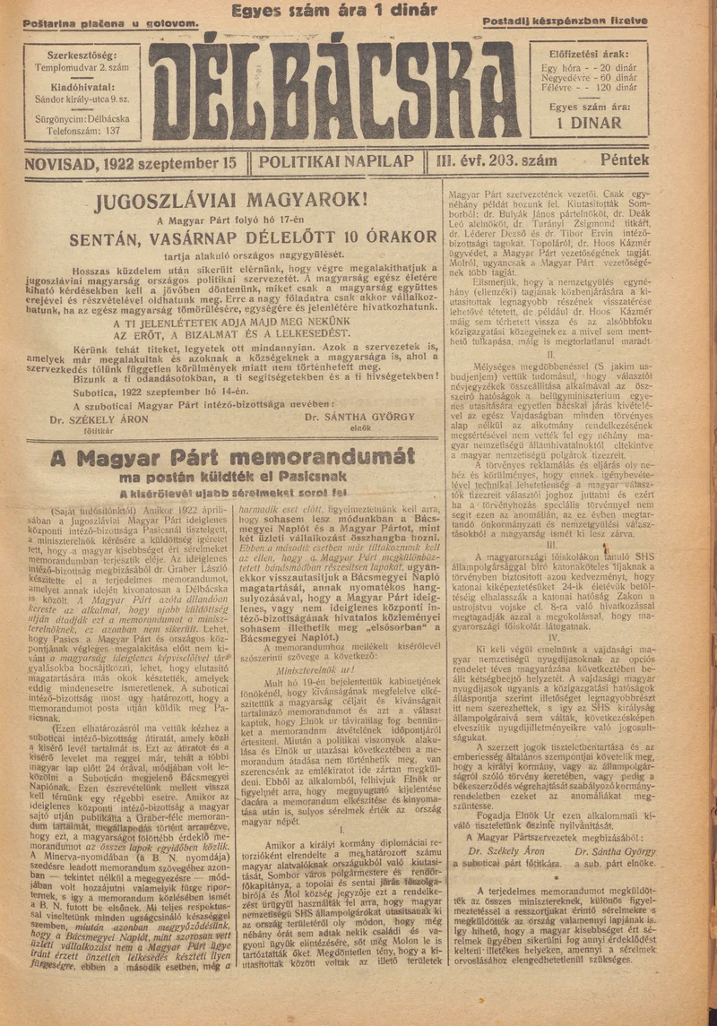 Délbácska, 3. évf. 1922. szeptember 15. 203. sz.