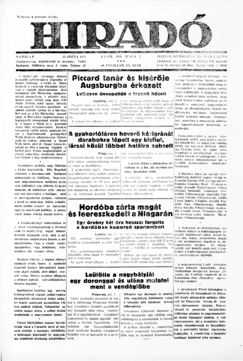 Híradó, 60. évf. 1931. június 2. 124. sz.