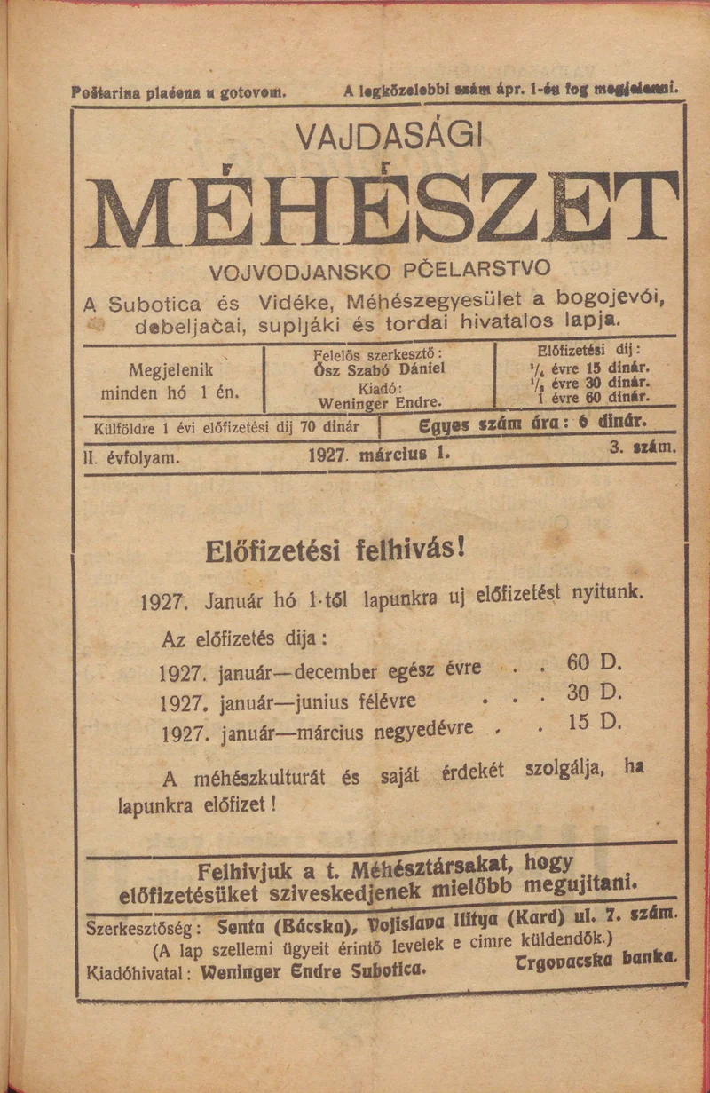 Vajdasági méhészet, 2. évf. 1927. március 1. 3. sz.
