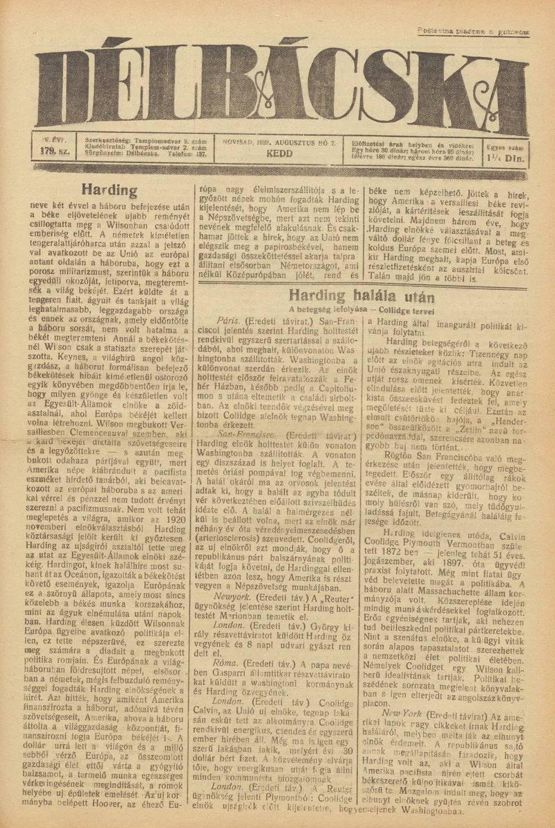 Délbácska, 4. évf. 1923. augusztus 7. 179. sz.