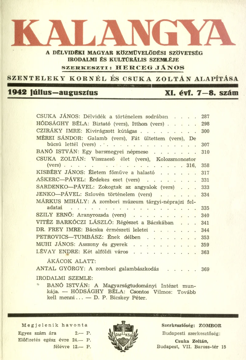 Kalangya, 11. évf. 1942. július – augusztus. 7–8. sz. 287–382. oldal