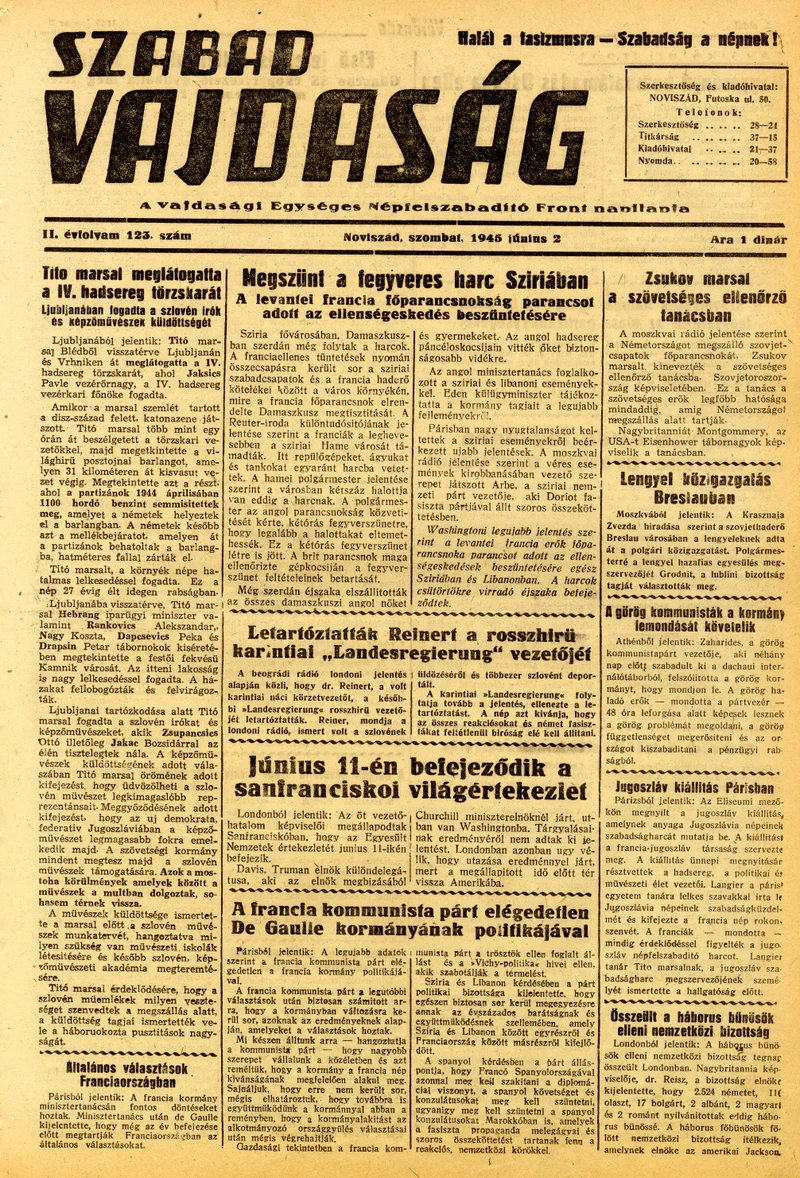 Szabad Vajdaság, 2. évf. 1945. június 2. 123. sz.