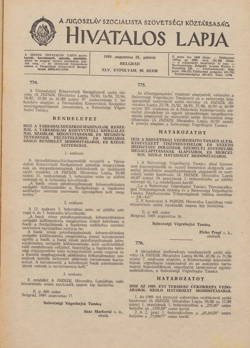A Jugoszláv Szocialista Szövetségi Köztársaság Hivatalos Lapja, 45. évf. 1989. augusztus 25. 50. sz. 1241–1248. oldal
