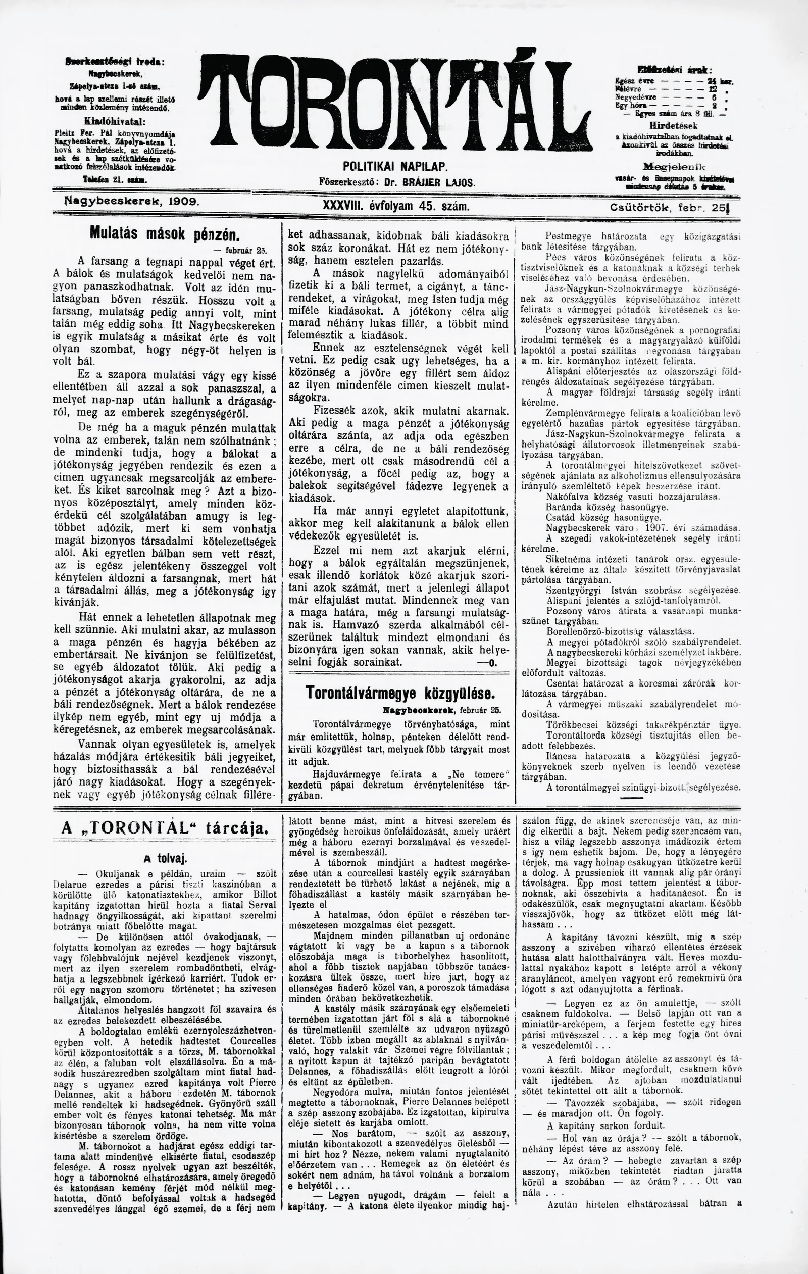 Torontál, 38. évf. 1909. február 25. 45. sz.