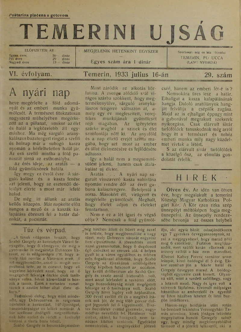 Temerini Újság 1928-1944, 6. évf. 1933. július 16. 29. sz.