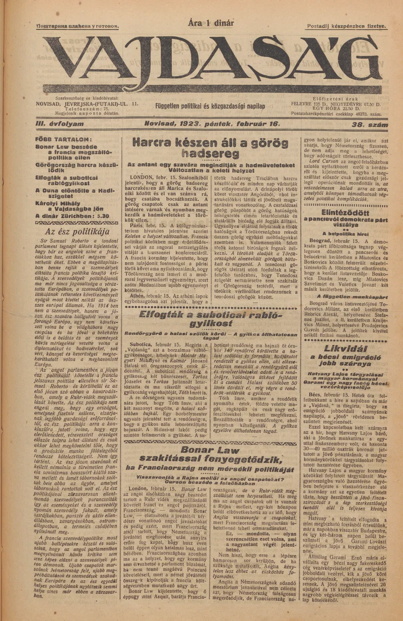 Vajdaság, 3. évf. 1923. február 16. 38. sz.