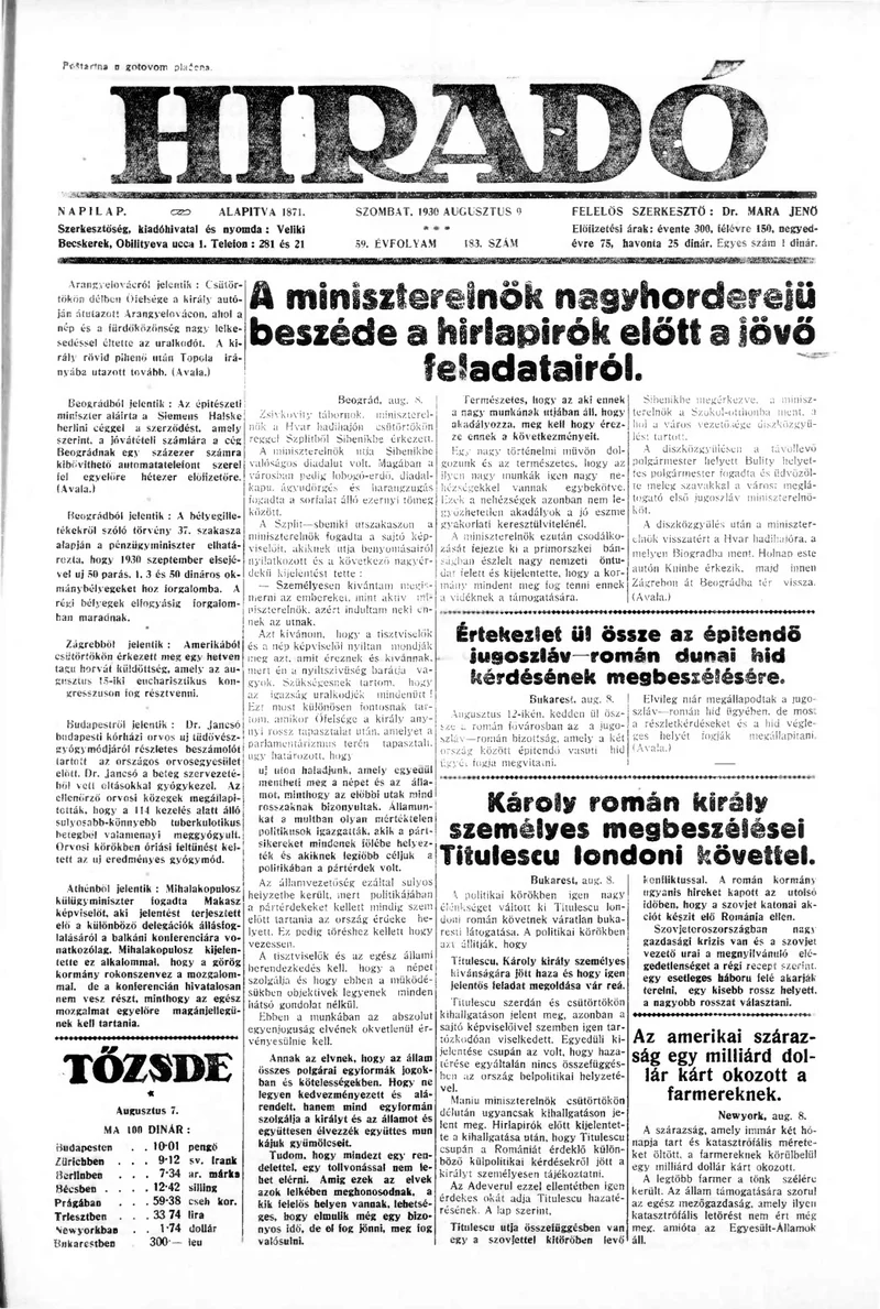 Híradó, 59. évf. 1930. augusztus 9. 183. sz.