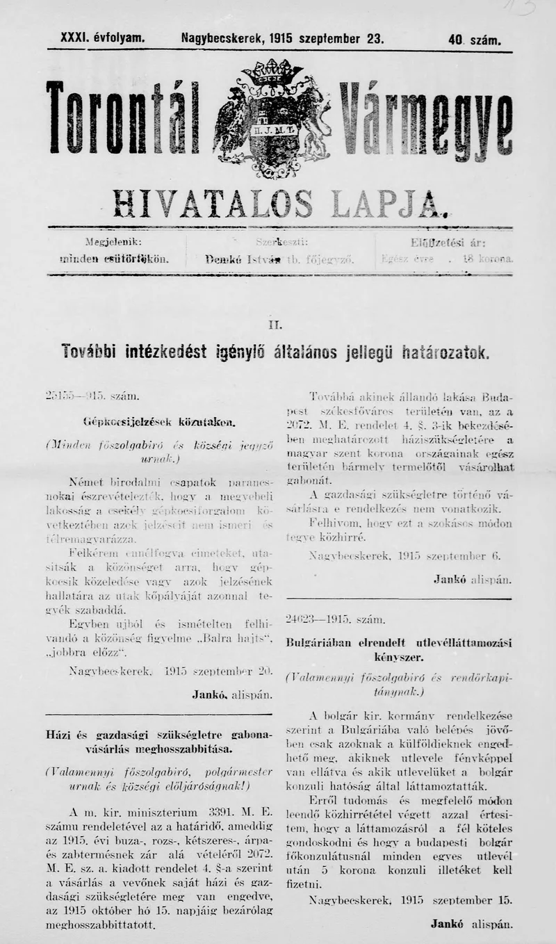 Torontál Vármegye Hivatalos Lapja, 31. évf. 1915. szeptember 23. 40. sz.