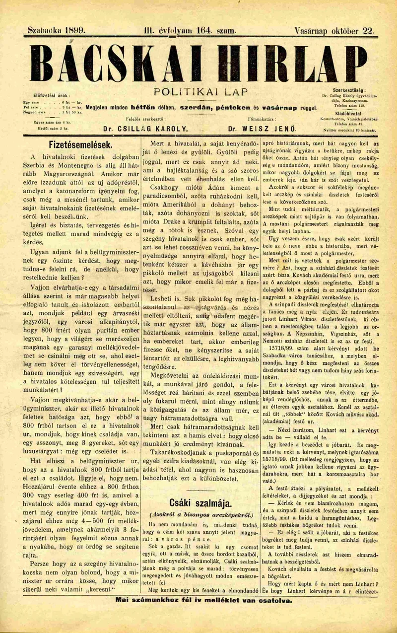 Bácskai Hirlap, 3. évf. 1899. október 22. 164. sz.