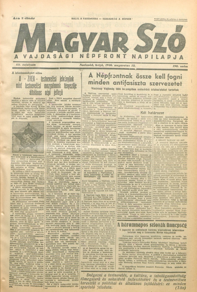 Magyar Szó, 3. évf. 1946. augusztus 12. 190. sz. 1–6. oldal