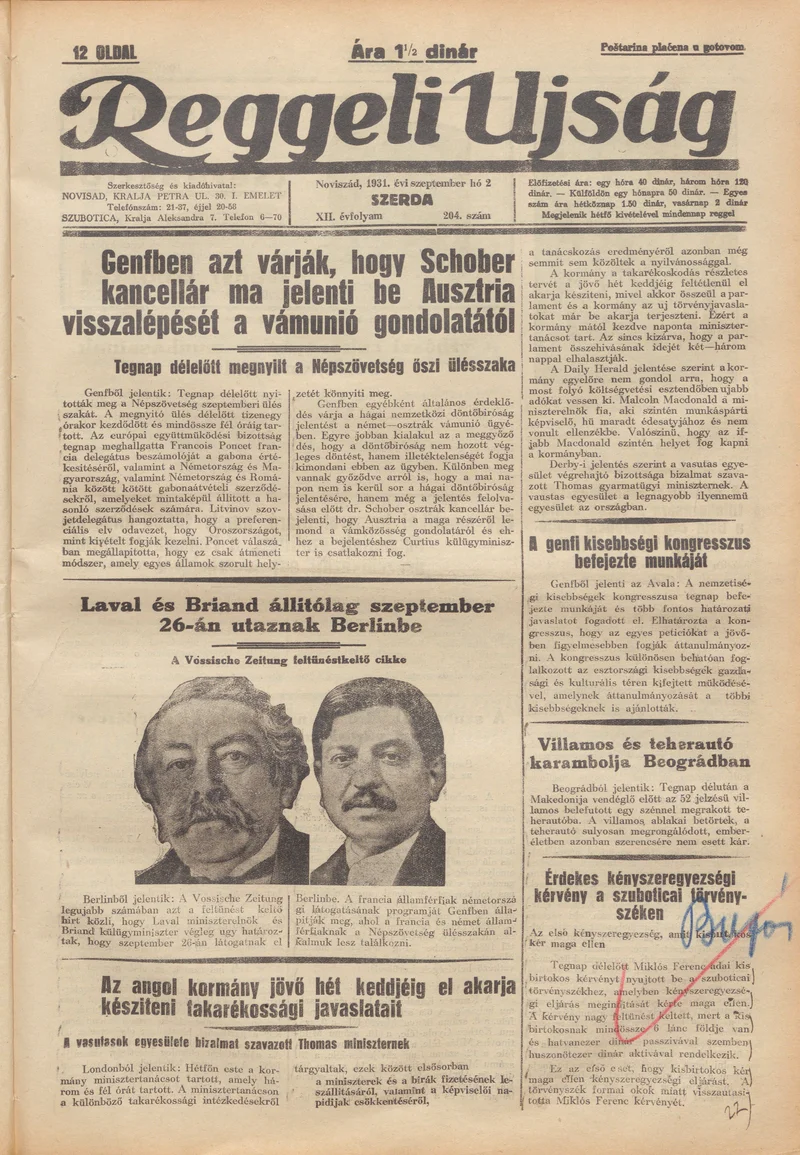Reggeli Újság, 12. évf. 1931. szeptember 2. 204. sz.
