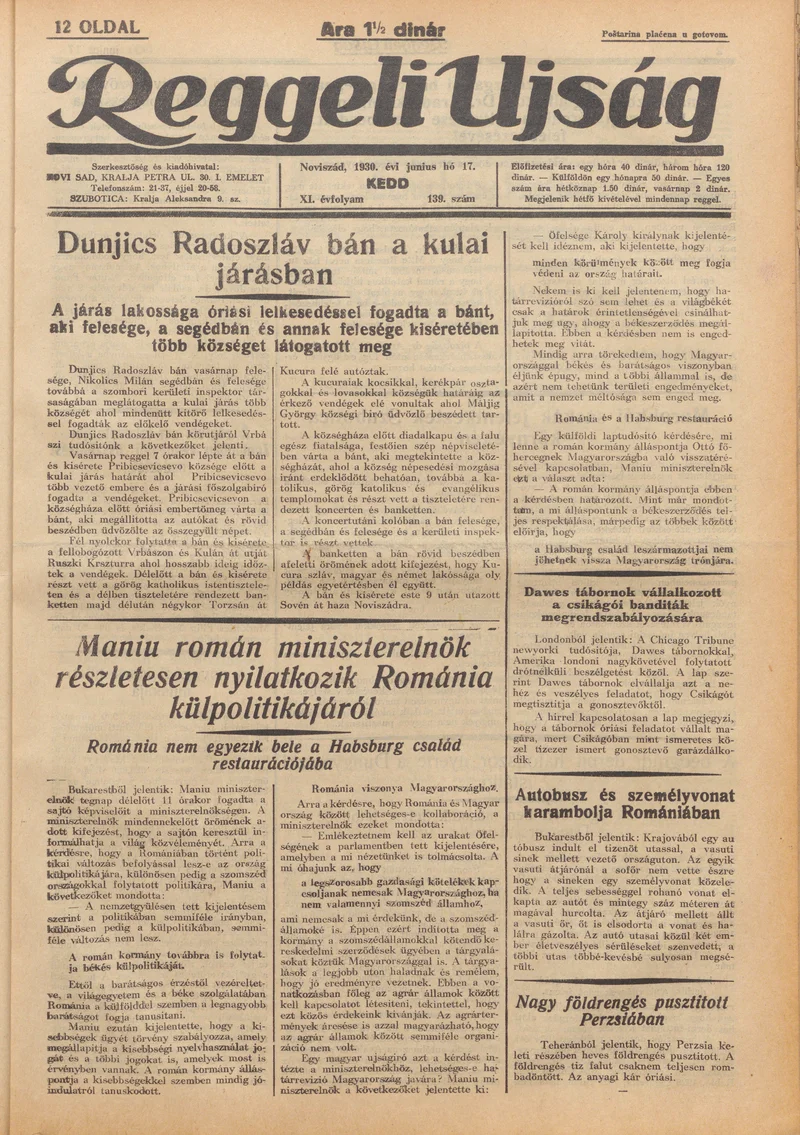 Reggeli Újság, 11. évf. 1930. június 17. 139. sz.