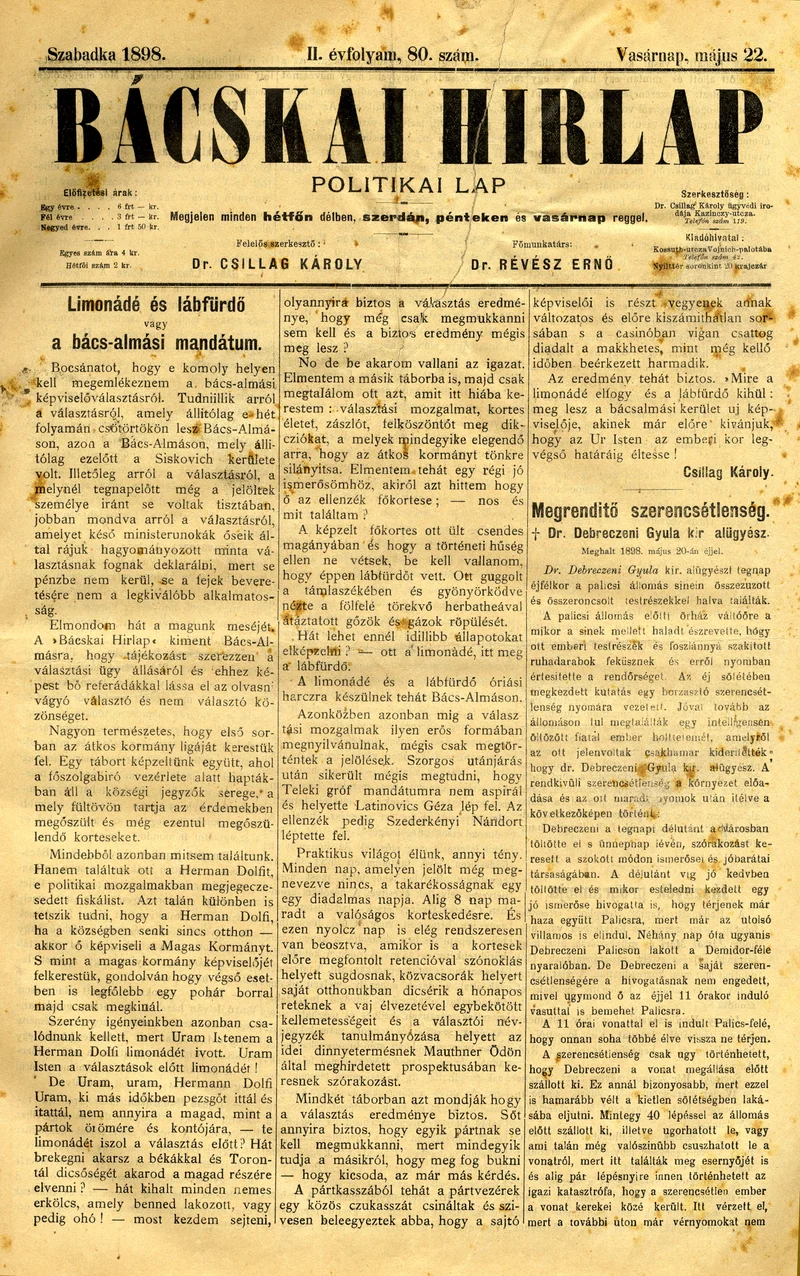 Bácskai Hirlap, 2. évf. 1898. május 22. 80. sz. 1–4. oldal