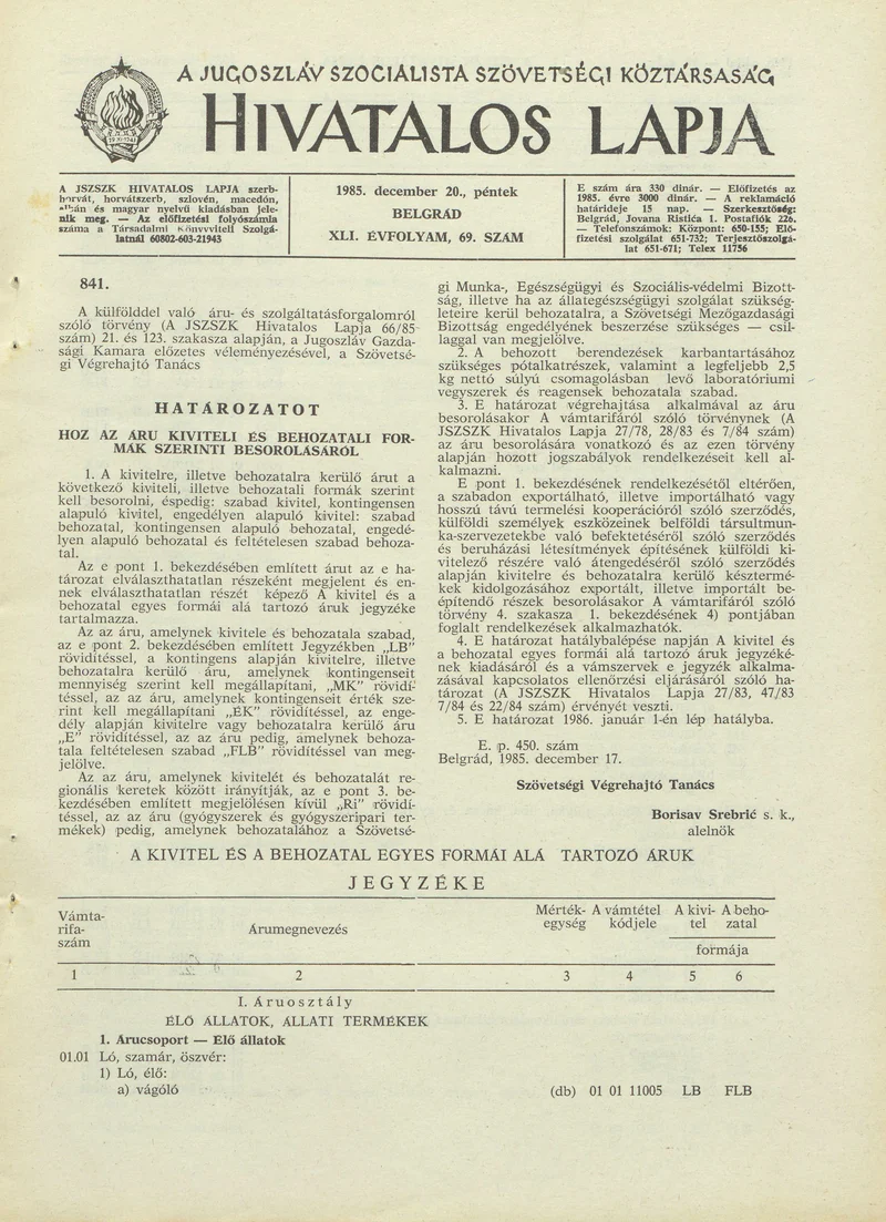 A Jugoszláv Szocialista Szövetségi Köztársaság Hivatalos Lapja, 41. évf. 1985. december 20. 69. sz. 1745–1920. oldal