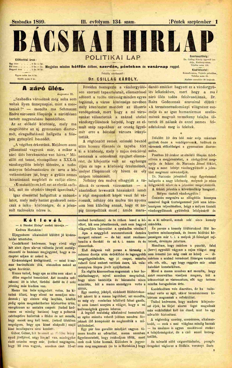 Bácskai Hirlap, 3. évf. 1899. szeptember 1. 134. sz.