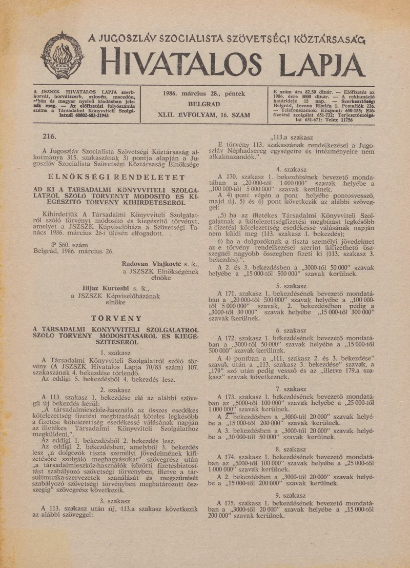 A Jugoszláv Szocialista Szövetségi Köztársaság Hivatalos Lapja, 42. évf. 1986. március 28. 16. sz. 413–456. oldal