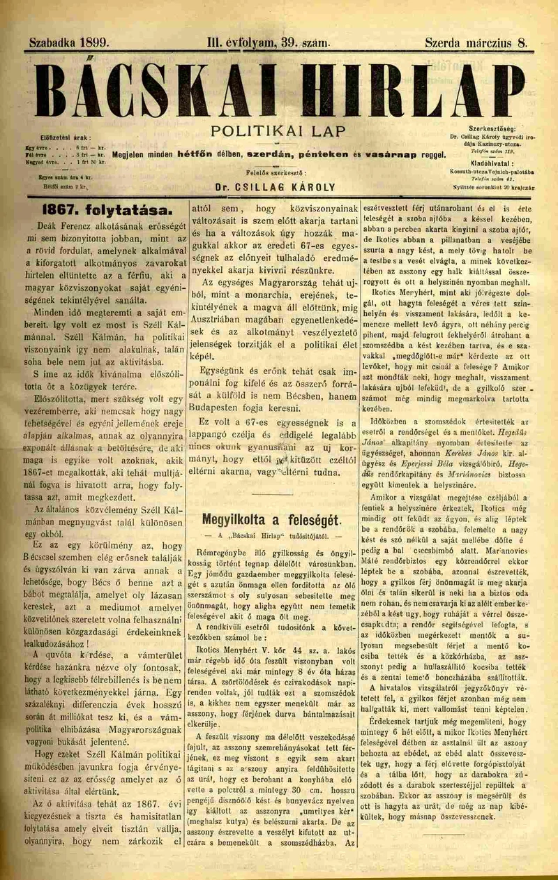 Bácskai Hirlap, 3. évf. 1899. március 8. 39. sz.