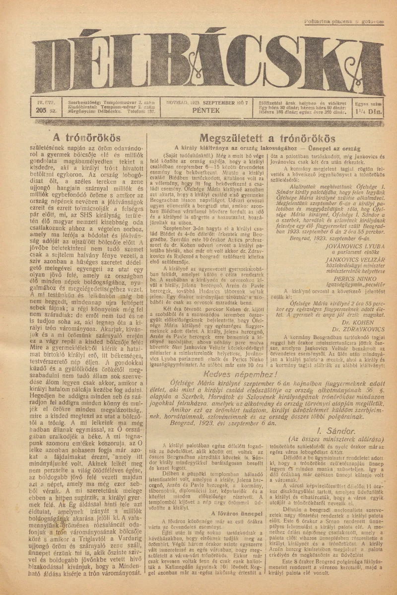 Délbácska, 4. évf. 1923. szeptember 7. 205. sz.