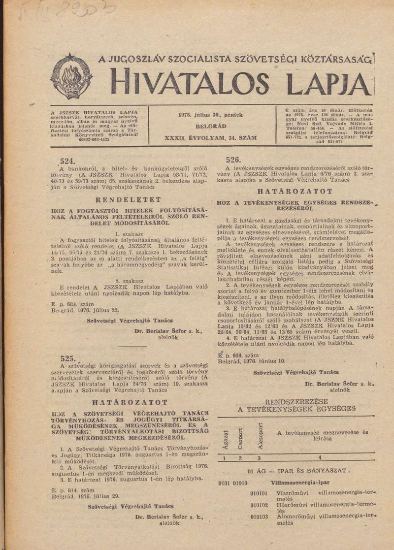 A Jugoszláv Szocialista Szövetségi Köztársaság Hivatalos Lapja, 32. évf. 1976. július 30. 34. sz. 877–916. oldal