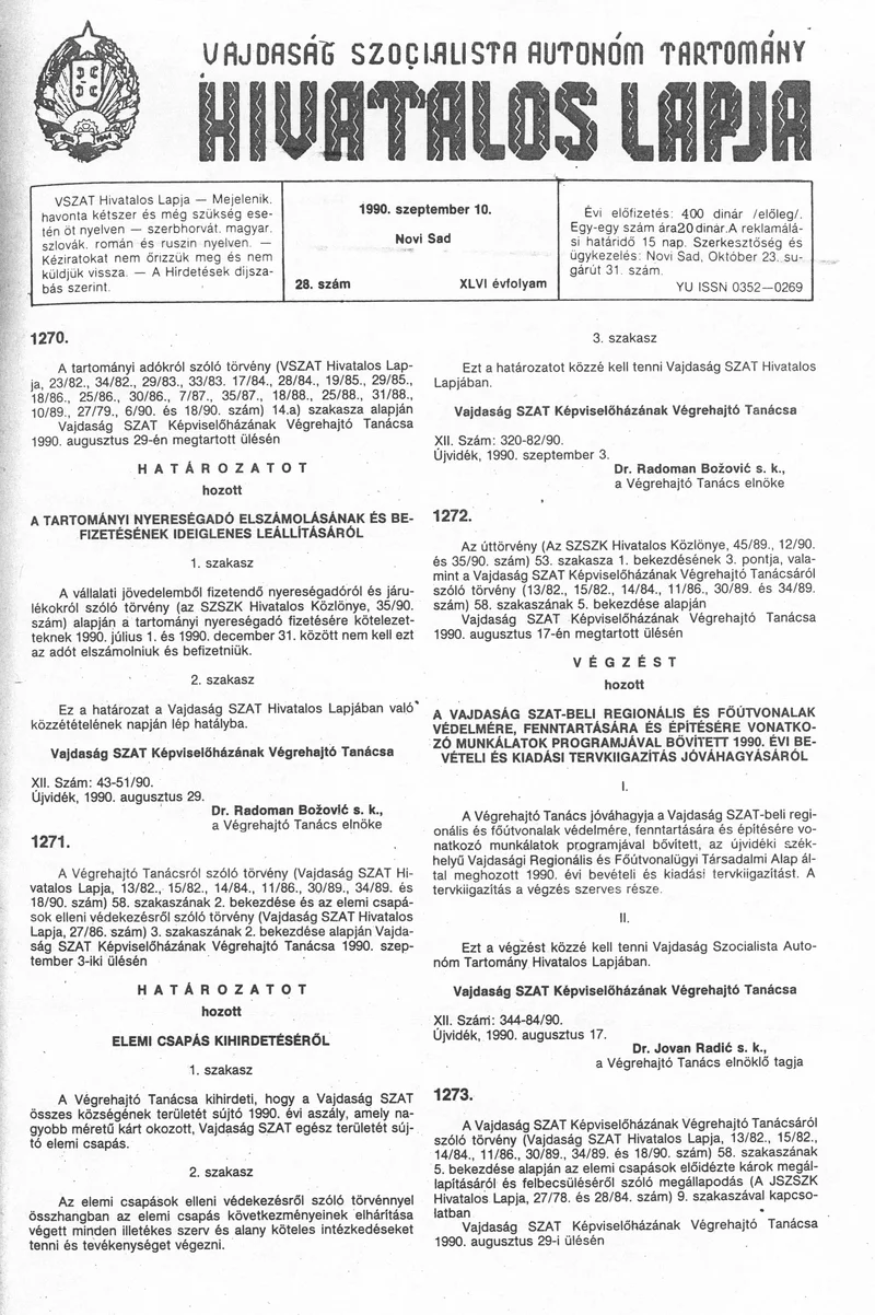Vajdaság Szocialista Autonóm Tartomány Hivatalos Lapja, 46. évf. 1990. szeptember 10. 28. sz.