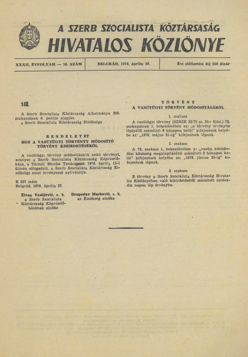 A Szerb Szocialista Köztársaság Hivatalos Közlönye, 32. évf. 1976. április 30. 16. sz. 3–4. oldal