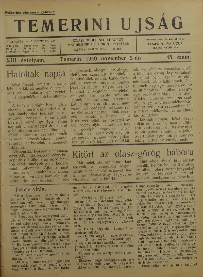 Temerini Újság 1928-1944, 13. évf. 1940. november 3. 45. sz.