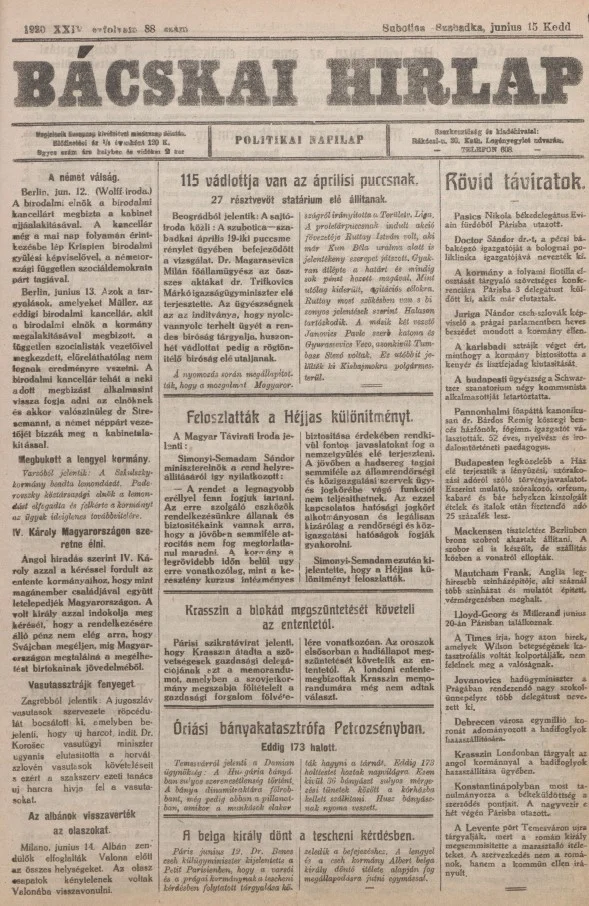 Bácskai Hirlap, 24. évf. 1920. június 15. 88. sz.