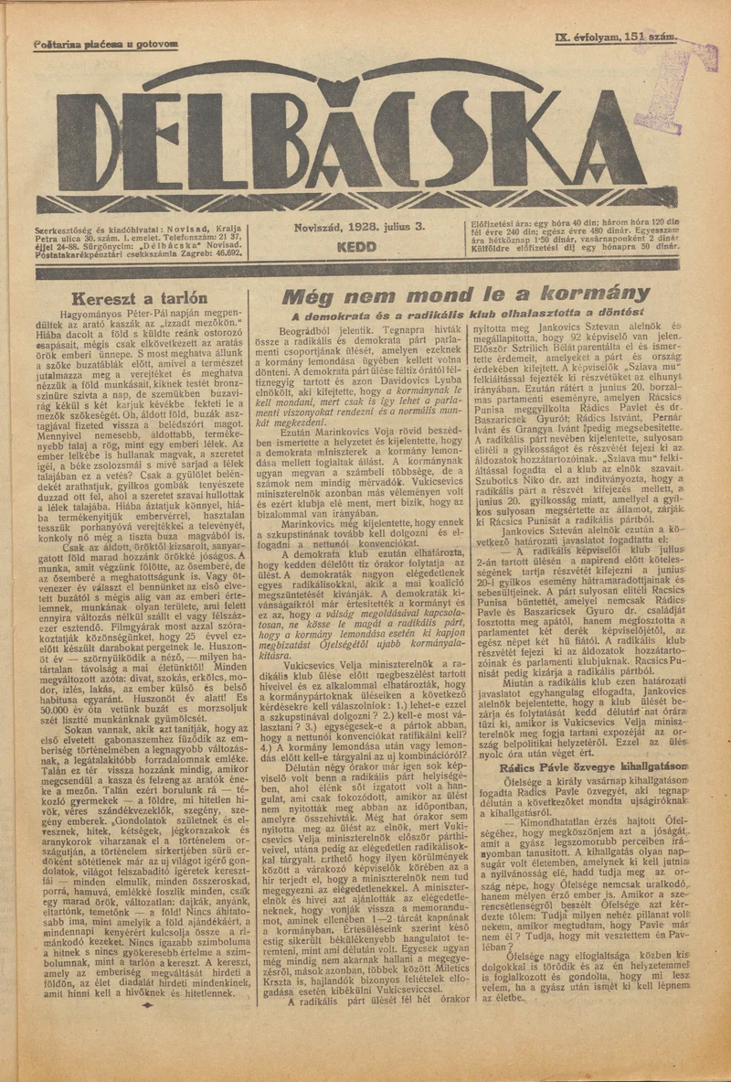Délbácska, 9. évf. 1928. július 3. 151. sz.