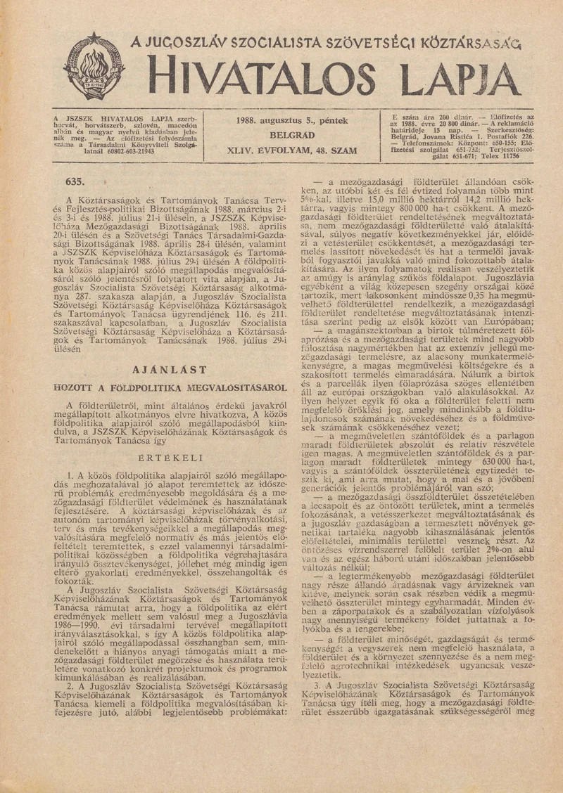 A Jugoszláv Szocialista Szövetségi Köztársaság Hivatalos Lapja, 44. évf. 1988. augusztus 5. 48. sz. 1309–1316. oldal