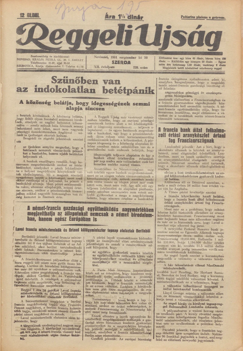 Reggeli Újság, 12. évf. 1931. szeptember 30. 229. sz.