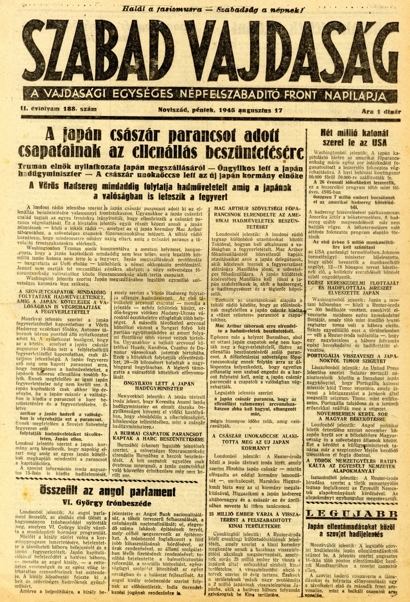 Szabad Vajdaság, 2. évf. 1945. augusztus 17. 188. sz.