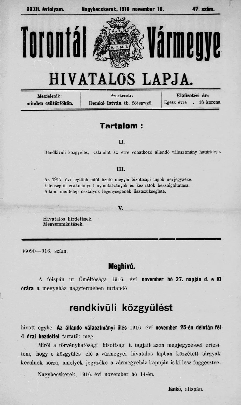 Torontál Vármegye Hivatalos Lapja, 32. évf. 1916. november 16. 47. sz.