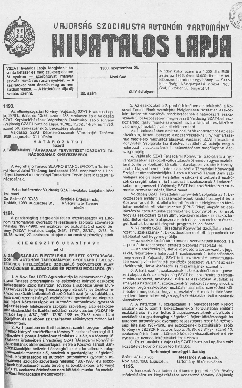 Vajdaság Szocialista Autonóm Tartomány Hivatalos Lapja, 44. évf. 1988. szeptember 28. 22. sz.
