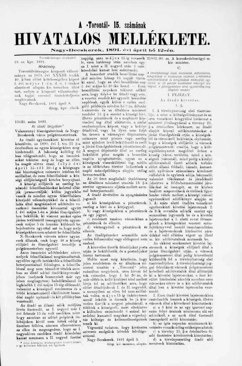 A Totontál  hivatalos melléklete, 4. évf. 1891. április 12. 15. sz.