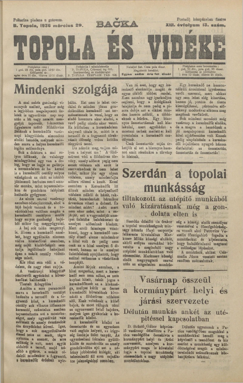 Bačka Topola és Vidéke, 13. évf. 1936. március 29. 13. sz.